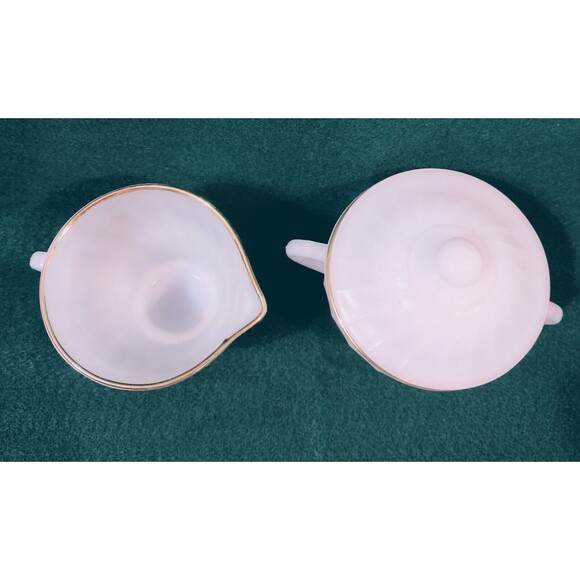 Vintage Anchor Hocking Fire King Milk Glass Swirl Gold Trim Creamer Sugar Bowl - Picture 7 of 7